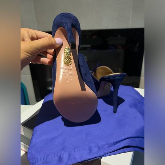 Aquazzura // Navy Blue Suede Lotus Blossom Mules - Picture 5 of 5